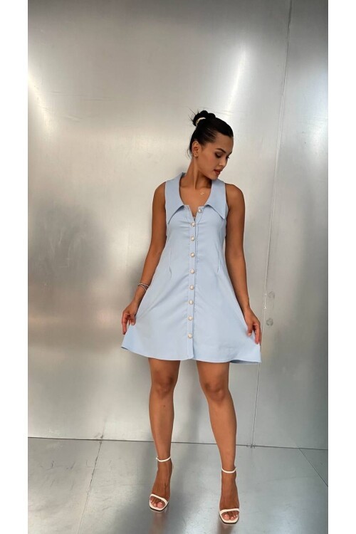 3808-MAVİ BEBE YAKA TOP DÜĞMELİ ELBİSE