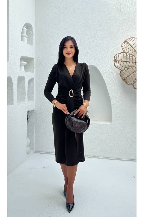 3829- KAHVERENGİ OLİPS KEMER DETAYLI ELBİSE