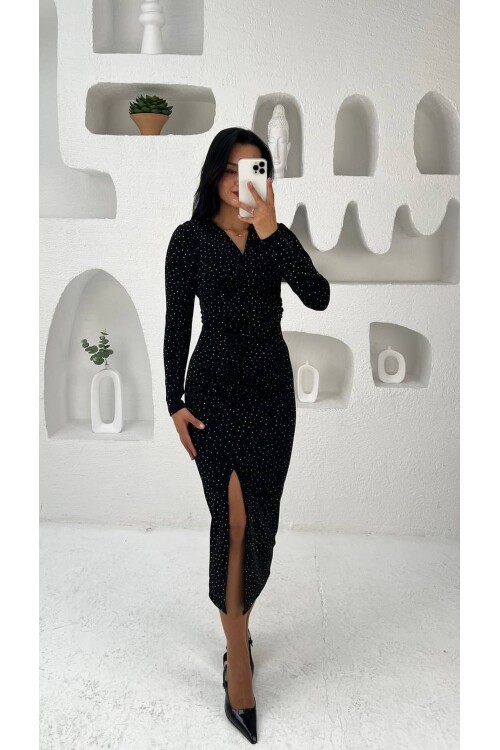 3837-SİYAH TAŞLI BUZY YANDAN DRAPELİ ELBİSE