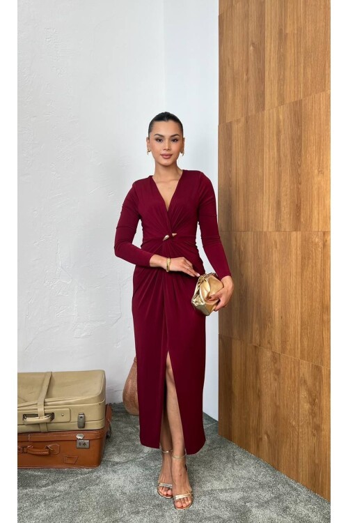 3849-BORDO  SANDY KUMAŞ ÖNÜ BÜZGÜLÜ BROŞ DETAYLI ELBİSE