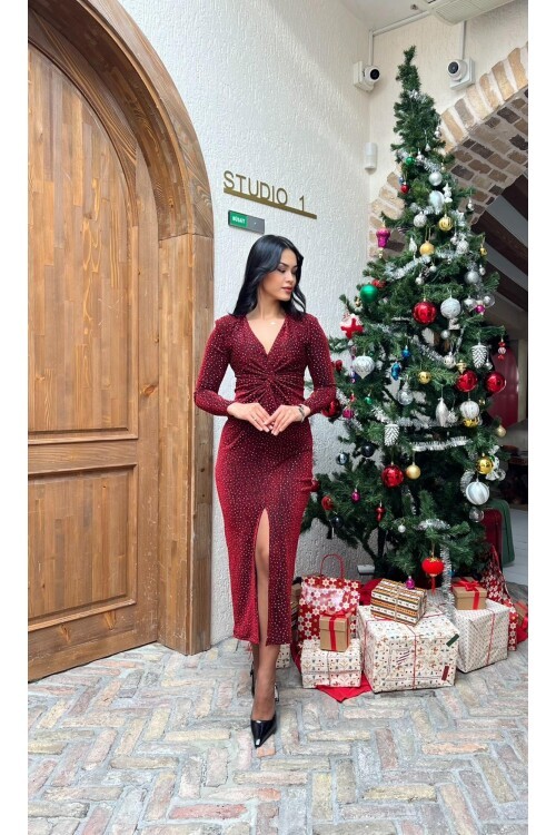 3856-BORDO TAŞLI SİM KUMAŞ ÖNÜ BÜZGÜLÜ ELBİSE