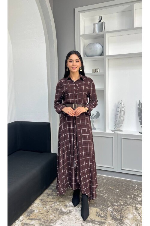 3868-KAHVERENGİ EKOSE DESEN FIRFIRLI GÖMLEK ELBİSE