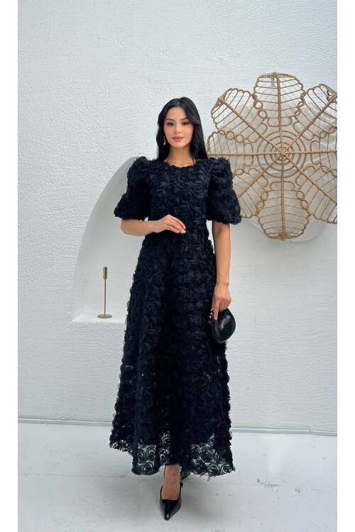 3876-SİYAH PRENSES OMUZ GÜL KUMAŞ ELBİSE