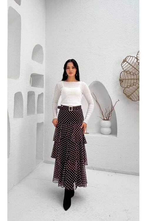 3877-KAHVERENGİ KAT KAT PUANTİYE DESEN  FRFIRLI ŞİFON ETEK