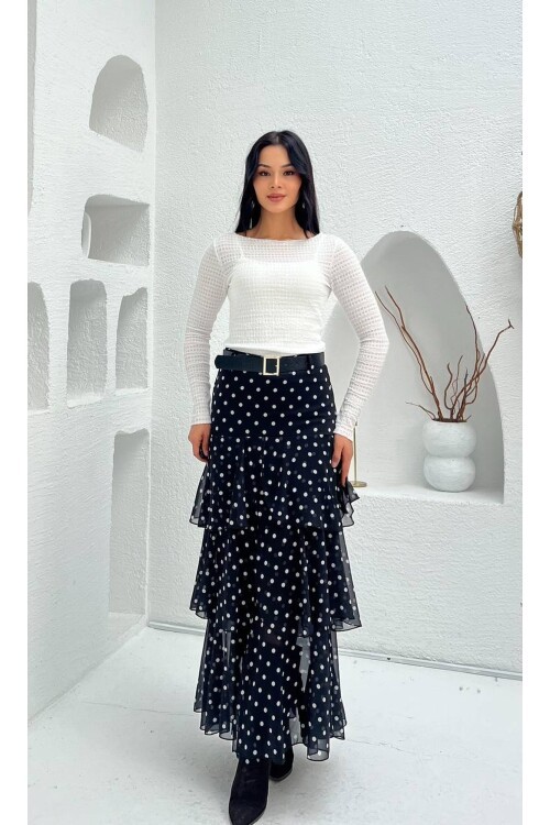 3877-SİYAH KAT KAT PUANTİYE DESEN  FIRFIRLI ŞİFON ETEK