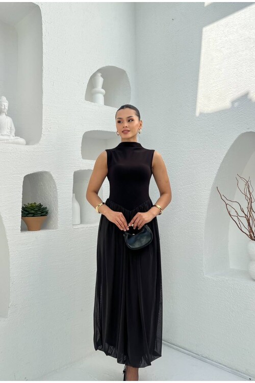 3881-SİYAH SIFIR KOL ETEĞİ TÜL ELBİSE