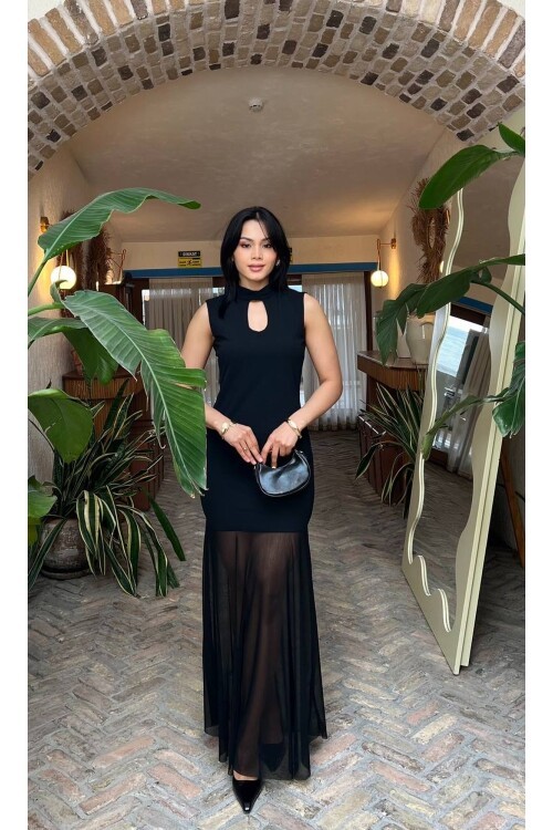 3882-SİYAH ÜSTÜ KREP ALTI TÜL ELBİSE