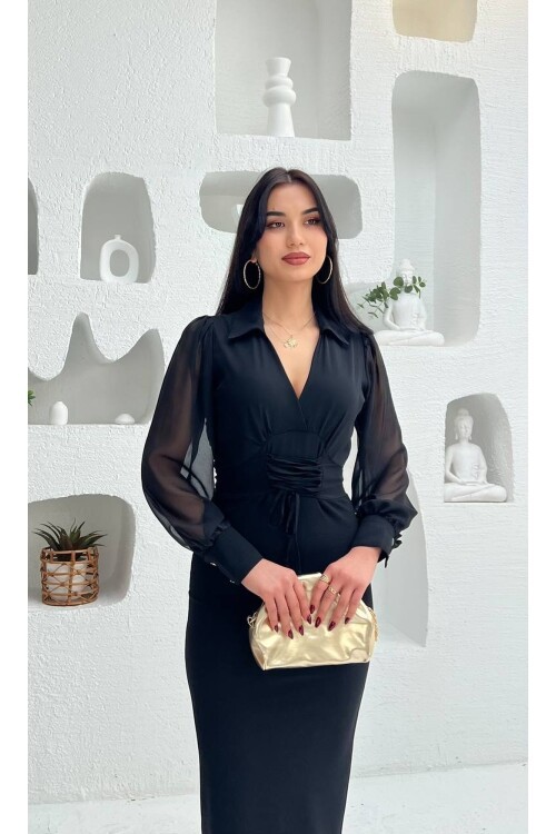 3885-SİYAH ÖNDEN KUŞ GÖZÜ BAĞLAMALI ÜSTÜ ŞİFON ALTI KREP KALEM ELBİSE