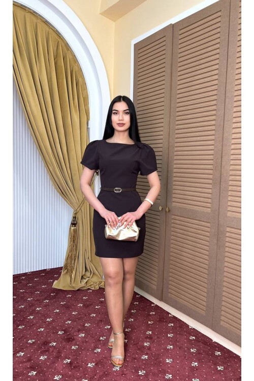 3904-KAHVERENGİ DOUBLE KUMAŞ PRENSES KOL ELBİSE