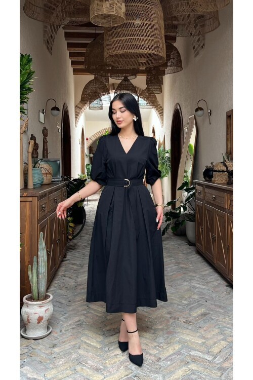 3951-SİYAH KRUVAZE YAKA ELBİSE
