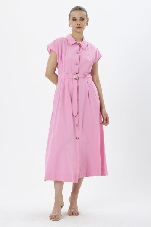 3976-Pembe Kemer Detaylı Cepli Elbise