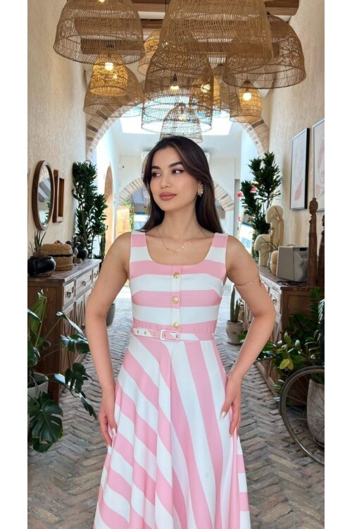4015-PEMBE DOUBLE KUMAŞ ÇİZGİ DESEN KEMERLİ ELBİSE