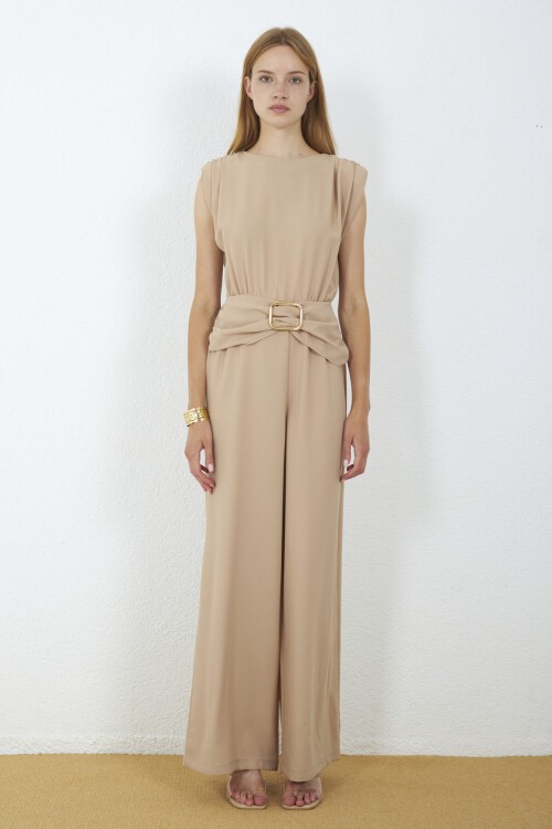 4043-Bej Milano Gold Tokalı Drapeli Tulum