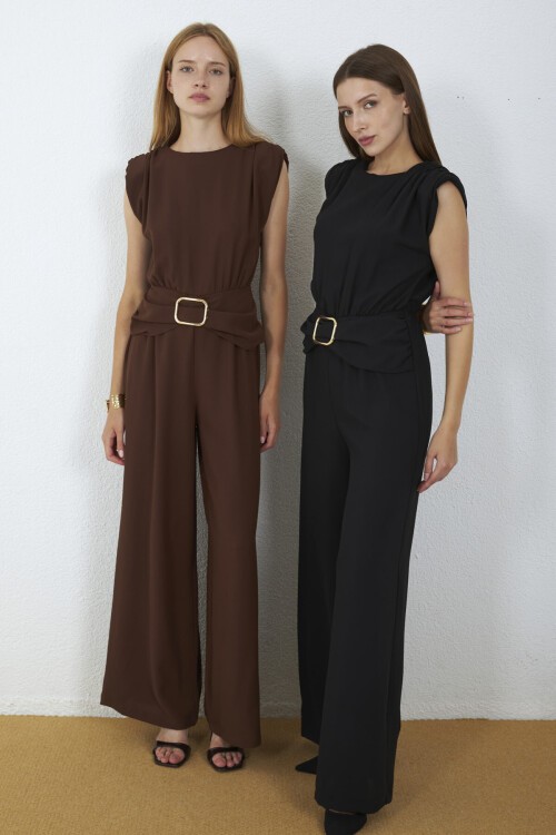 4043-Kahve Milano Gold Tokalı Drapeli Tulum
