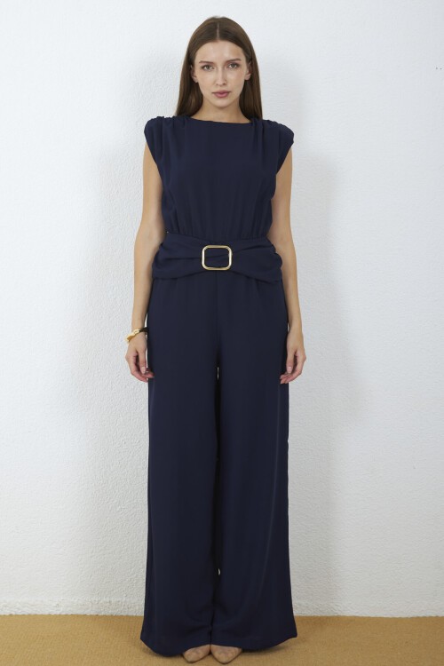 4043-Lacivert Milano Gold Tokalı Drapeli Tulum