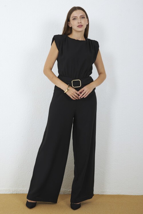 4043-Siyah Milano Gold Tokalı Drapeli Tulum