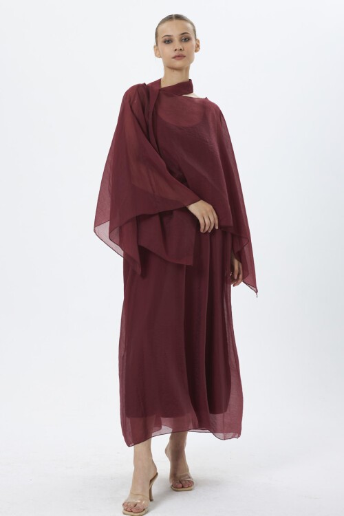 4086-Bordo Şifon Kaftan Detaylı Astar İçli Takım