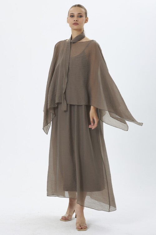 4086-Gri Şifon Kaftan Detaylı Astar İçli Takım