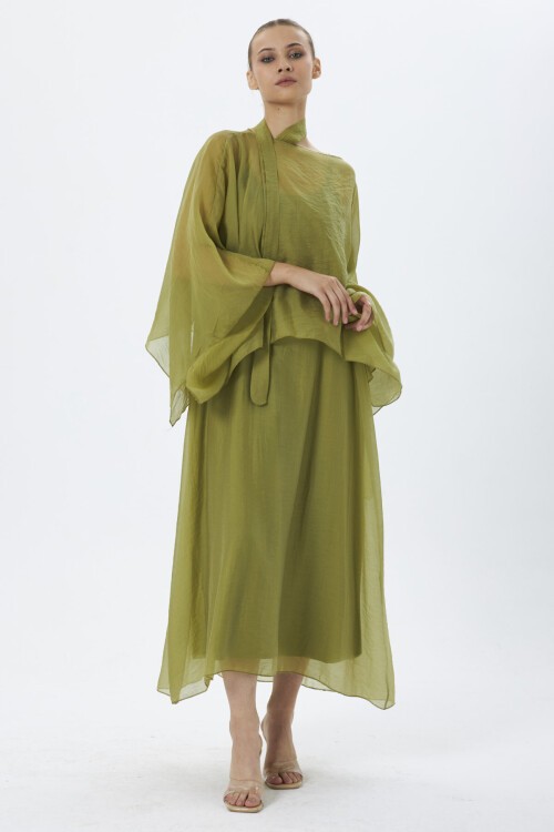 4086-Oliv Şifon Kaftan Detaylı Astar İçli Takım