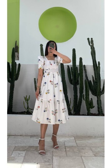 3007-ÇİÇEK DESEN KEMERLİ ELBİSE