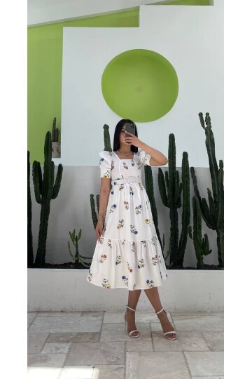3007-ÇİÇEK DESEN KEMERLİ ELBİSE