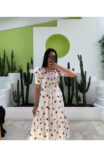 3007-ÇİLEK DESEN KEMERLİ ELBİSE