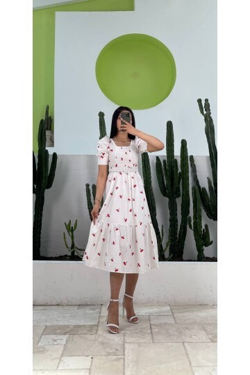 3007-KİRAZ DESEN KEMERLİ ELBİSE