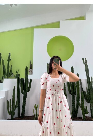 3007-KİRAZ DESEN KEMERLİ ELBİSE