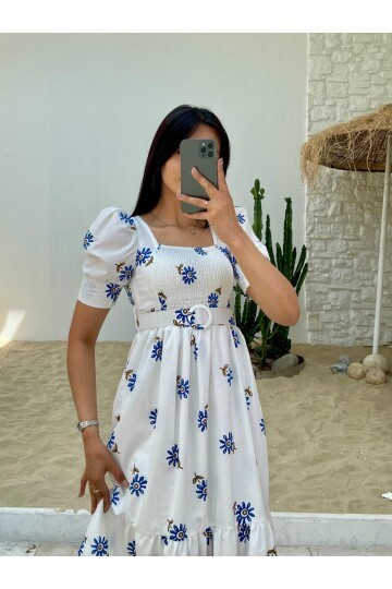 3007-ÇİÇEK DESEN KEMERLİ ELBİSE