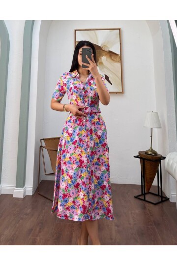 3008-PEMBE KISA KOL GÖMLEK ELBİSE