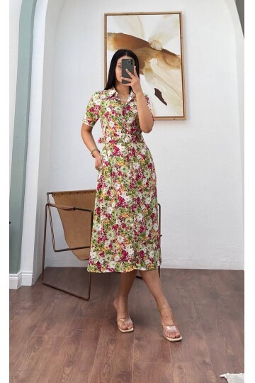 3008-YEŞİL KISA KOL GÖMLEK ELBİSE