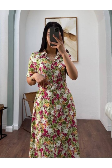 3008-YEŞİL KISA KOL GÖMLEK ELBİSE