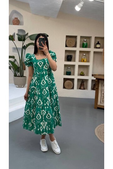 3018-YEŞİL KOLLARI BÜZGÜLÜ POPLİN ELBİSE