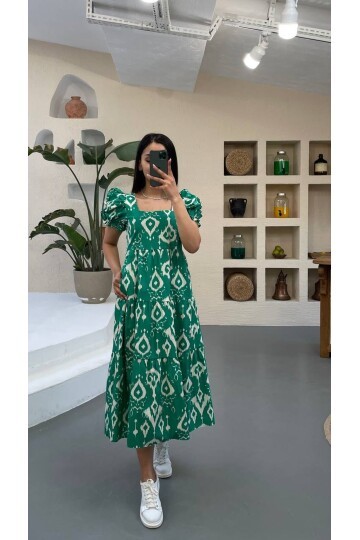 3018-YEŞİL KOLLARI BÜZGÜLÜ POPLİN ELBİSE