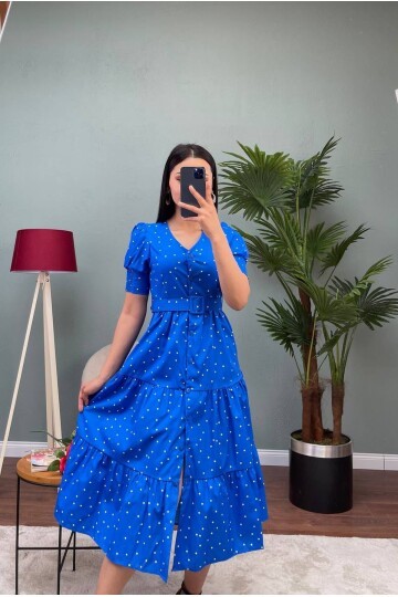 3025-MAVİ POPLİN KUMAŞ V YAKA PUANTİYE DESEN ELBİSE