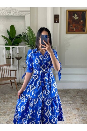 3026-SAKS GÖMLEK YAKA KOL BÜZGÜ KISA KOL ELBİSE