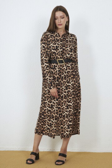 3034-Leopar Desenli Kemerli Gömlek Elbise