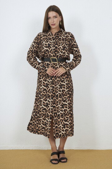 3034-Leopar Desenli Kemerli Gömlek Elbise