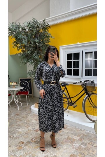 3034-LEOPAR GRİ GÖMLEK ELBİSE