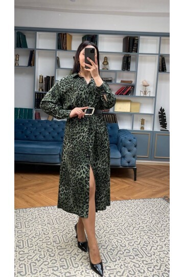 3034-LEOPAR YEŞİL GÖMLEK ELBİSE