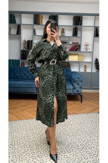 3034-LEOPAR YEŞİL GÖMLEK ELBİSE