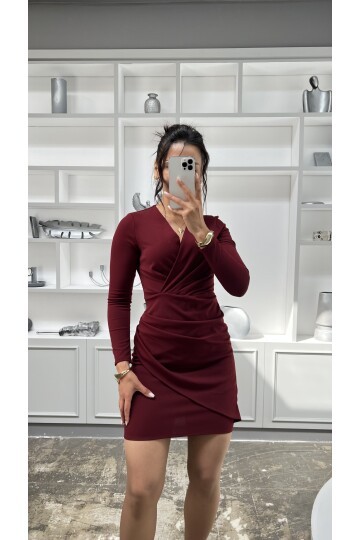 3037-BORDO KISA DRAPELİ KRUVAZE YAKA ELBİSE