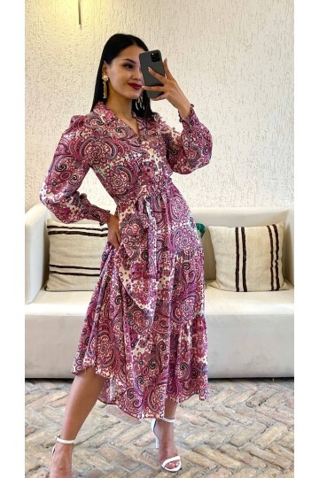 3052-MOR DESENLİ VİSKON UZUN GİPELİ ELBİSE