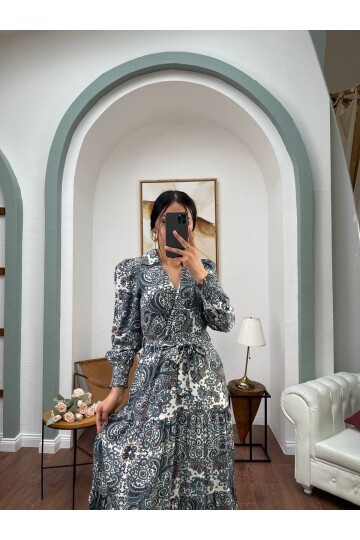 3052-YEŞİL DESENLİ VİSKON UZUN GİPELİ ELBİSE