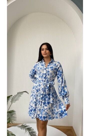 3057-MAVİ ÇİÇEKLİ KISA GÖMLEK EBİSE