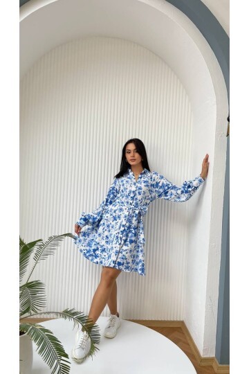 3057-MAVİ ÇİÇEKLİ KISA GÖMLEK EBİSE