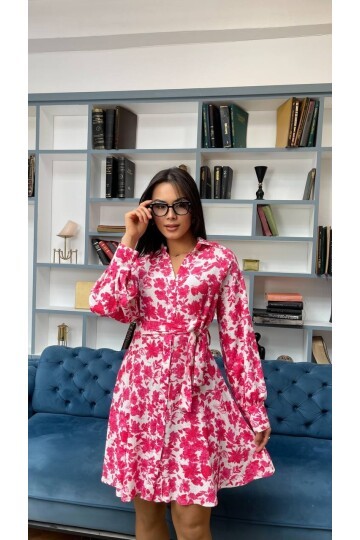 3057-PEMBE ÇİÇEKLİ KISA GÖMLEK EBİSE