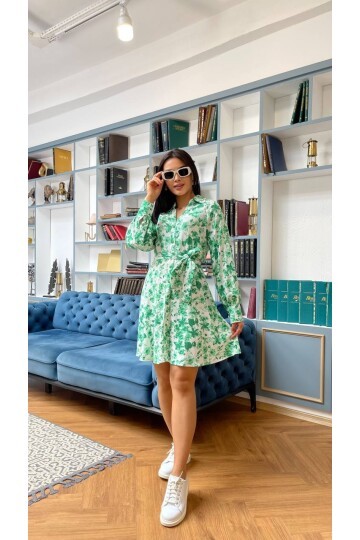 3057-YEŞİL ÇİÇEKLİ KISA GÖMLEK EBİSE