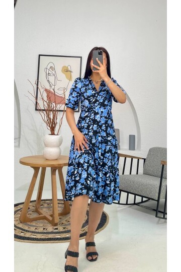 3058-SİYAH ÇİÇEKLİ ELBİSE