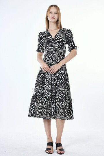 3058-SİYAH ZEBRA DESENLİ ELBİSE